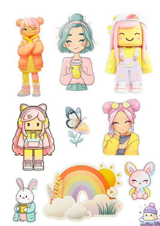 Pastel Kawaii Girl Stickers – Cute Anime-Inspired Aesthetic for Journaling, Scrapbooking & Planners