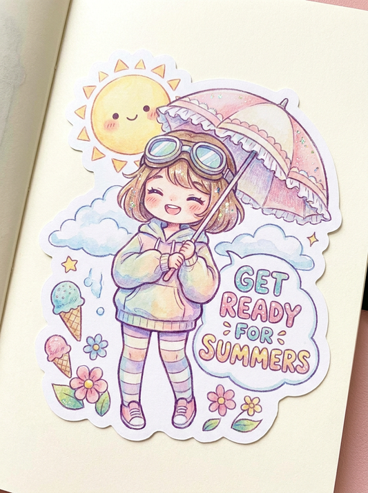 Get Ready for Summer Kawaii Girl Sticker | Cute Pastel Summer Decal