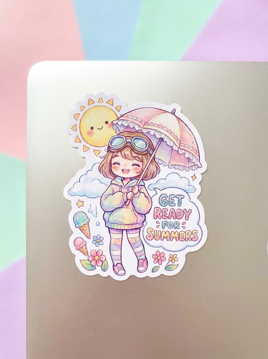 Get Ready for Summer Kawaii Girl Sticker | Cute Pastel Summer Decal